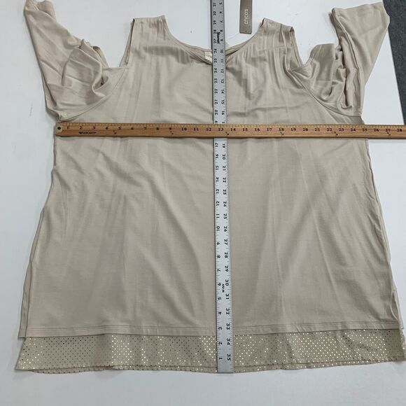 Chicos Top Womens 4 Beige Tunic Cold Shoulder Split Back Gold Dots Contrast Hem - Picture 7 of 16